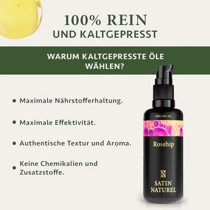 Satin Naturel Bio Hagebuttenöl 100 ml – 100% reines, kaltgepresstes Rosa Canina – Gesichtsöl, Körperöl, Massageöl & Haaröl mit Anti-Falten-Wirkung für trockene Haut – Bild 2