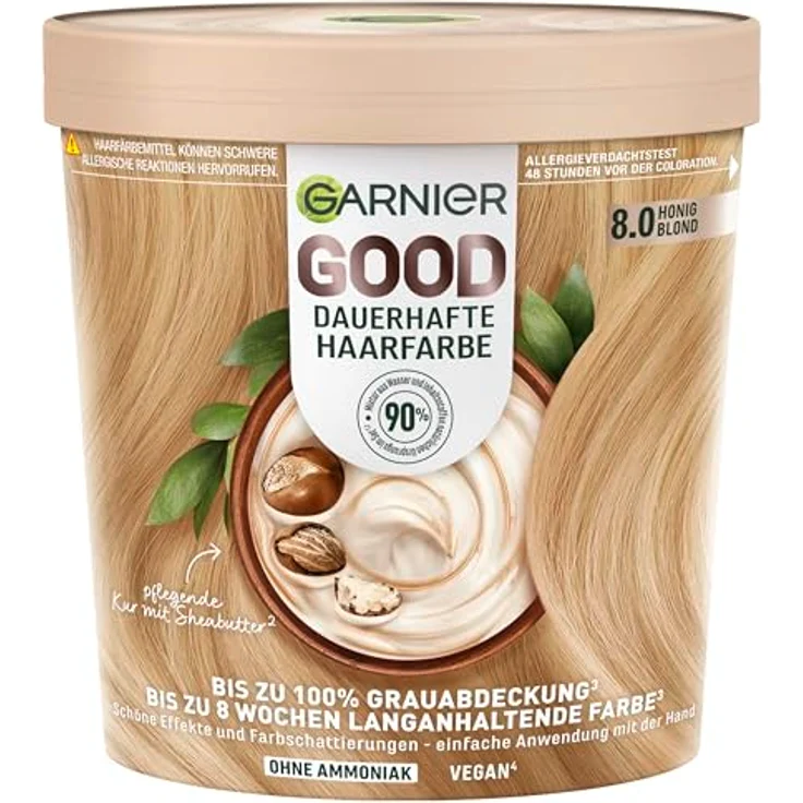 Garnier GOOD Dauerhafte Haarfarbe 8.0 Honig Blond, Coloration ohne Ammoniak mit bis zu 100% Grauabdeckung, 1 Stk., vegane Formel mit pflegender Kur – Bild 1