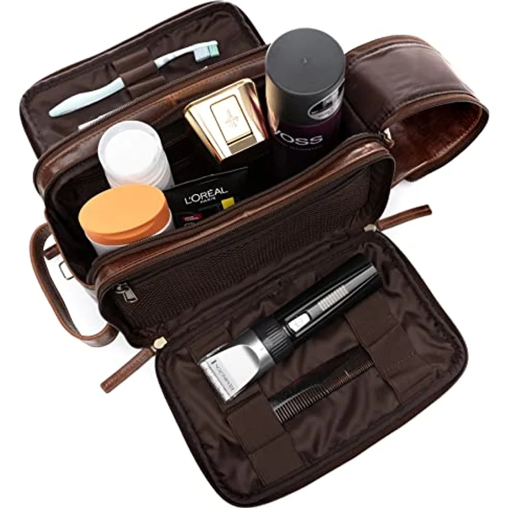 SID & VAIN Kulturtasche Herren echt Leder - Waschtasche Louis handgefertigt - Braun, Geräumige Kulturbeutel aus hochwertigem Vachetta Leder – Bild 4