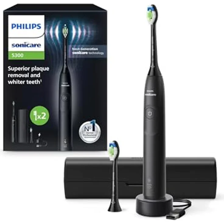 Philips Sonicare 5300 HX7101/03 Schallzahnbürste für Erwachsene, 62000 Bürstenbewegungen pro Minute, Schwarz, inkl. Andruckkontrolle und W2 Optimal White Bürstenkopf – Bild 1