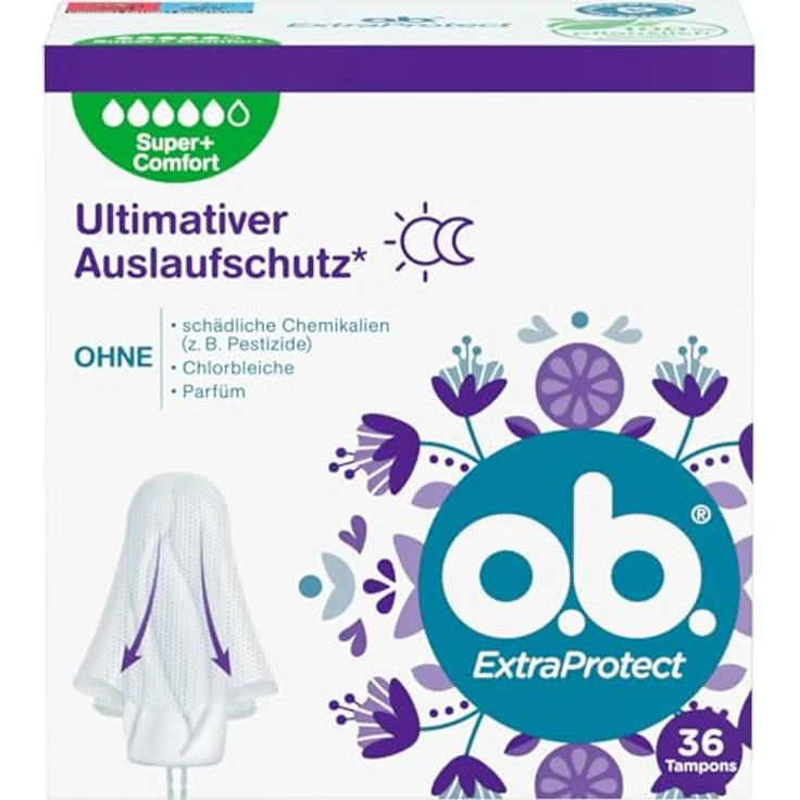 o.b. ExtraProtect Tampons Super+ Comfort, gynäkologisch getestet mit Dynamic Fit Technologie und extra Schutzflügeln für sehr starke Perioden – Bild 1