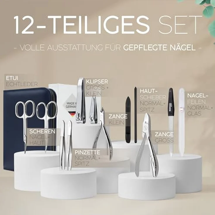 marQus Solingen Maniküre Pediküre Set, 12-teiliges Komplett Kit in blau mit Echtleder Etui für Hand- und Fußpflege – Bild 3