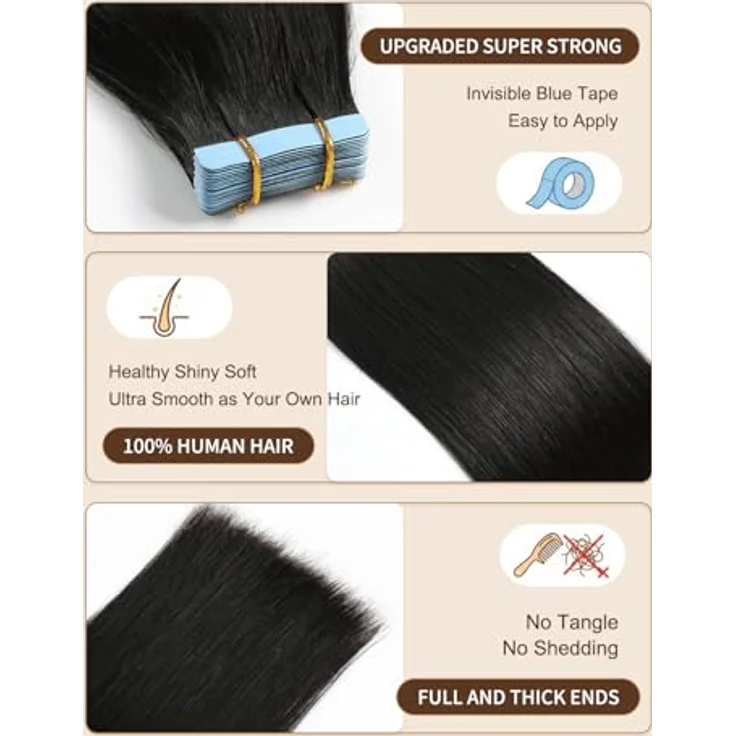 YILITE Tape in Extensions Echthaar 45cm #1B, seidig und gerade, 20 Stück, 50g, nahtloses Klebeband für Haarverlängerungen – Bild 2