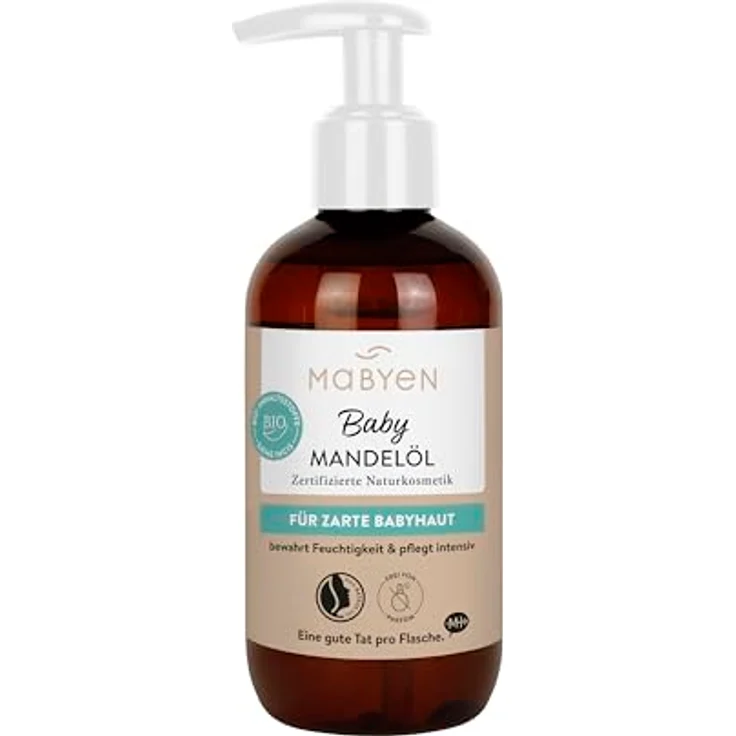 MABYEN Bio Baby Öl Mandel, 200ml, vegan, parfümfrei, NATRUE-zertifiziert, Hebammen empfohlen, ideale Basispflege für empfindliche Babyhaut – Bild 1