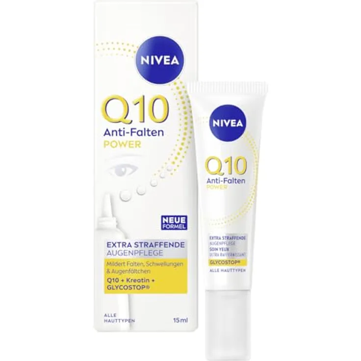NIVEA Q10 Anti-Falten Augenpflege, POWER Extra Straffende Augencreme mit Q10, Kreatin und Glycostop, Feuchtigkeitscreme für alle Hauttypen, 15 ml