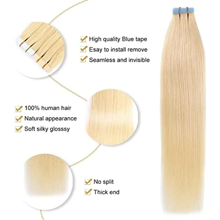 YILITE Tape Extensions Echthaar, Bleichblond #613, 50cm, 20 Stück Packung, seidig, einfach zu installieren, 100% Remy Echthaar. – Bild 3