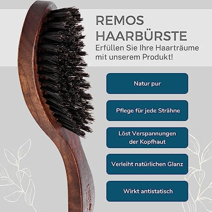 remos professional body care REMOS Haarbürste, 100% Wildschweinborste aus Nussbaumholz mit breitem Griff, für alle Haartypen geeignet – Bild 3