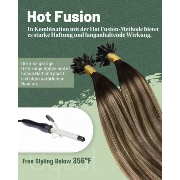 Ugeat Echthaar Bondings Extensions, Ombre Braun Blond, 45 cm, 50 Strähnen, Remy-Haar, U Tip Keratin-Bond – Bild 4