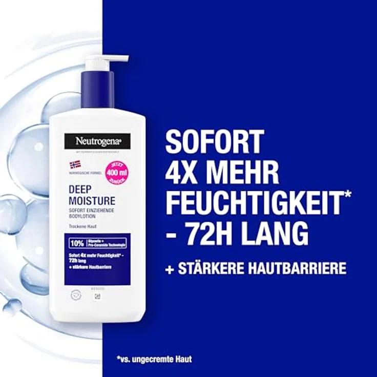 Neutrogena Norwegische Formel Deep Moisture Bodylotion, 400 ml, sofort einziehend, 72h intensive Feuchtigkeit für trockene Haut, hohe Verträglichkeit – Bild 2