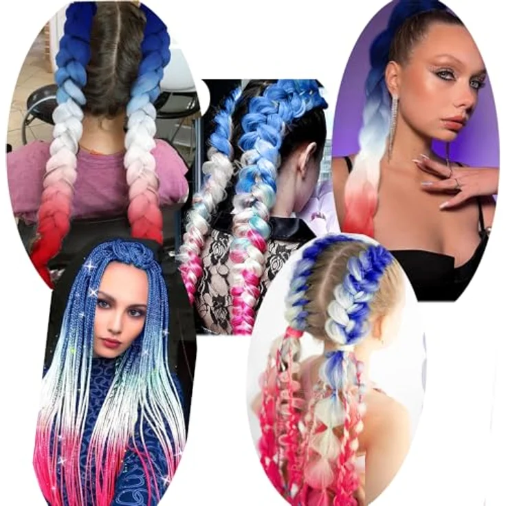 Shangxiu Braids Extensions Ombre, 24" blau-weiß-rot, hitzebeständige synthetische Haarverlängerungen, 300g комплект – Bild 5