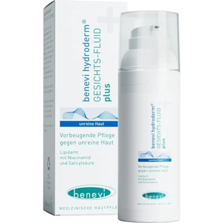 beneví hydroderm Gesichts-Fluid plus 50 ml für unreine, zu Akne neigende Haut ohne Entzündungszeichen. Leichte, lipidarme Pflege mit Milchsäure, Salicylsäure und Nicotinamid.