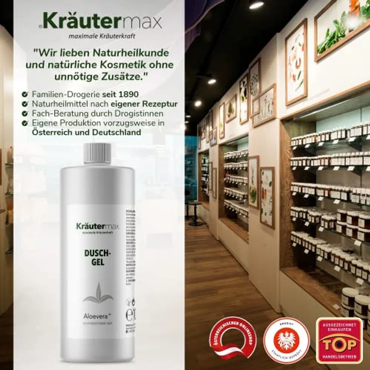 Kräutermax. Aloe Vera Duschgel Reinigungsgel für Körper und Haare, 1000 ml - Mit 100% Aloe Vera Gel, Kamille und Meersalz – Bild 5