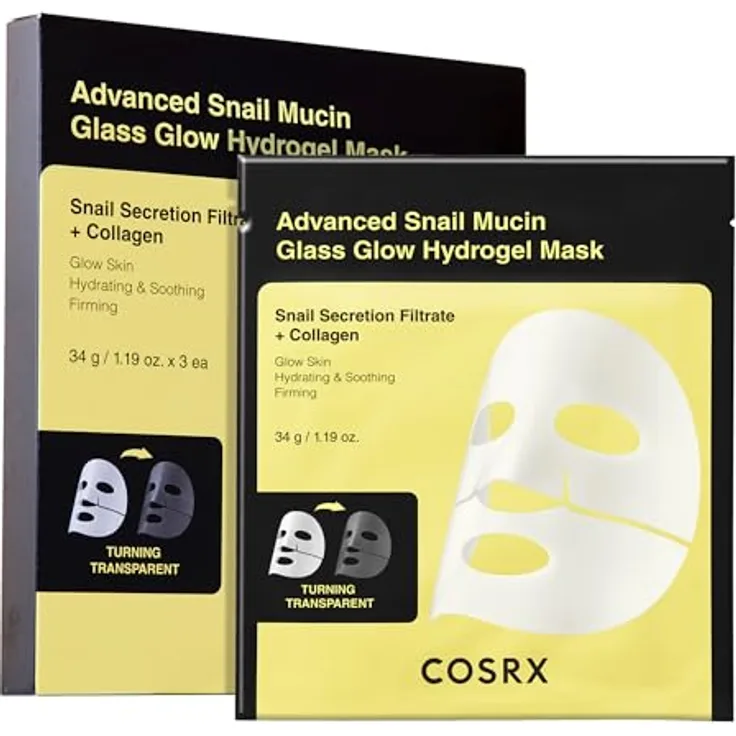 Cosrx Advanced Snail Mucin Glass Glow Hydrogel Mask, 3er-Set (34 g), intensiv hydratisierende Gesichtspflege, Glass Skin-Finish, Anti-Aging, für alle Hauttypen