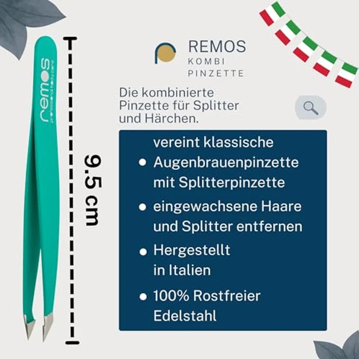 remos professional body care REMOS Kombipinzette Edelstahl [INOX] rostfrei 9.5 cm, 2in1 für Splitter und Haare, grün – Bild 3