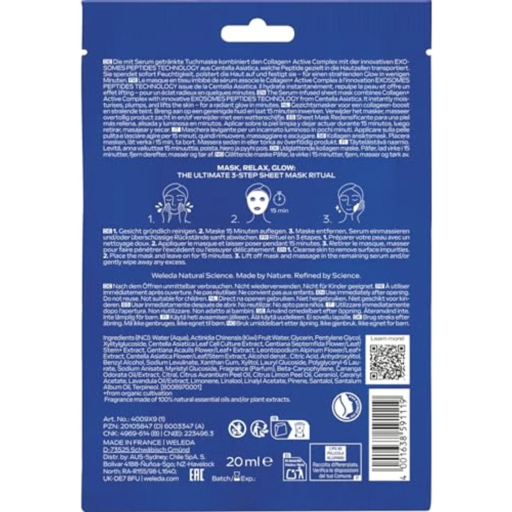 Weleda Bio Exo Boost Collagen Tuchmaske Blauer Enzian – Naturkosmetik Gesichtsmaske mit Collagen+ Active Complex & EXOSOMES PEPTIDES TECHNOLOGY für straffere Haut & Glow, vegan, 20ml – Bild 2