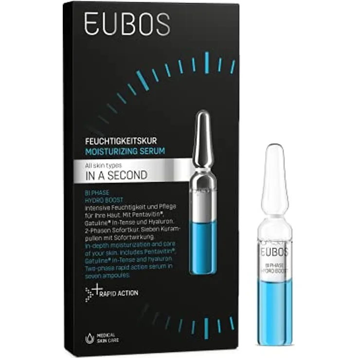 EUBOS IN A SECOND | Bi Phase Hydro Boost Feuchtigkeitskur | Hautstraffung, Faltenreduktion, intensive Feuchtigkeitsregulierung | 2-Phasen-Sofortkur | 7 x 2ml