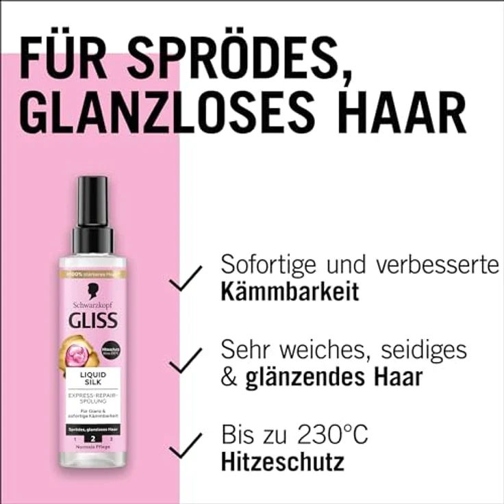 Gliss Express-Repair-Spülung Liquid Silk (200 ml), Pflegespülung mit Hitzeschutz bis 230 °C für außergewöhnlich weiches Haar, mit Ceramide und Seide – Bild 4