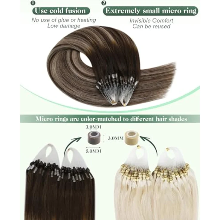 Ugeat Micro Ring Extensions Echthaar 35 cm, Aschblond Balayage Dunkelbraun Ombre, 50 Strähnen, 50g Remy Microring Glatt – Bild 3