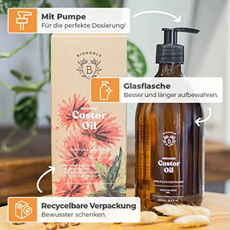Bionoble Rizinusöl Bio 500ml - 100% Rein, Natürlich und Kaltgepresst - Wimpern, Augenbrauen, Haare, Bart, Nägel - Vegan und Cruelty Free - Castor Oil - Glasflasche + Pumpe – Bild 4