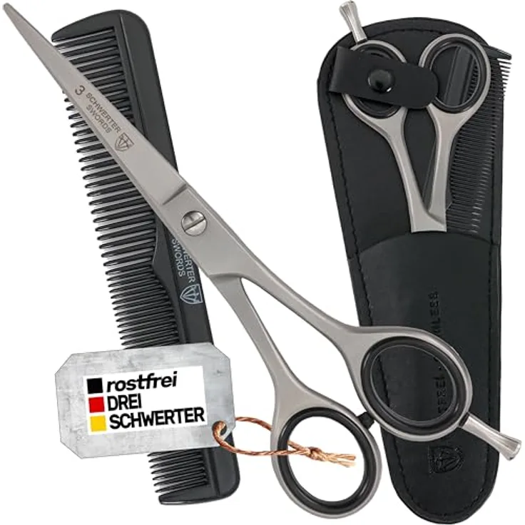 DREI SCHWERTER - Haarschere 6 Zoll, rostfrei mit einseitig mikroverzahnten Klingen, im schwarzen Kunstleder-Etui mit Kamm und Mikrofasertuch