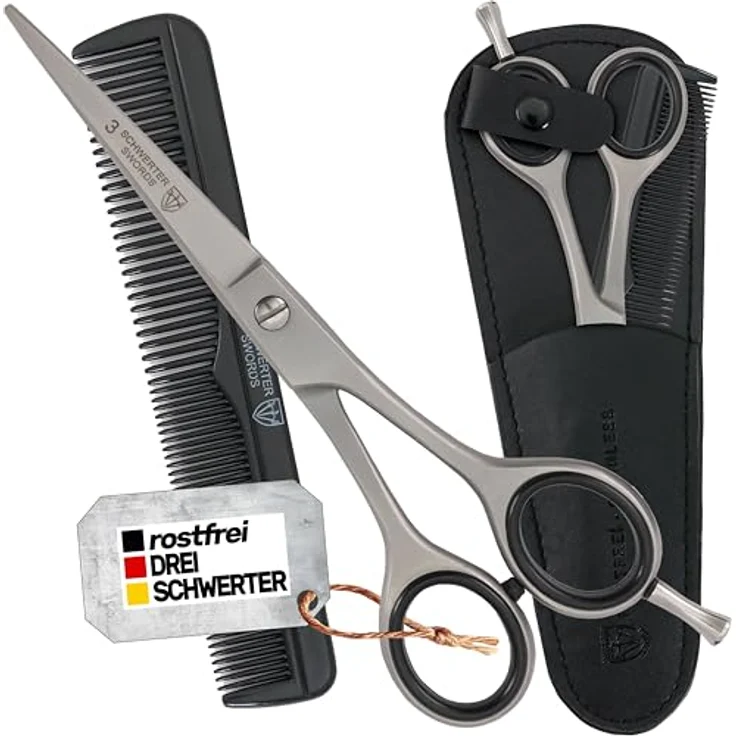 DREI SCHWERTER - Haarschere 6 Zoll, rostfrei mit einseitig mikroverzahnten Klingen, im schwarzen Kunstleder-Etui mit Kamm und Mikrofasertuch – Bild 1