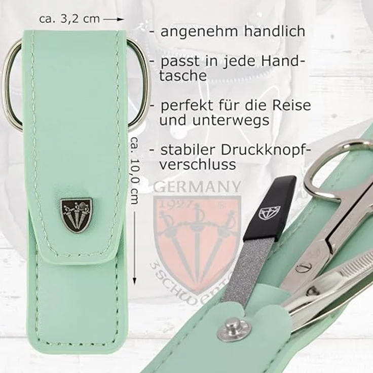 DREI SCHWERTER Nagelpflegeset 'Venezia', 3-tlg. Maniküre und Pediküre Set in mintfarbenem Kunstleder Nageletui, MADE IN GERMANY, enthält Nagelschere, Pinzette, Saphirnagelfeile – Bild 4