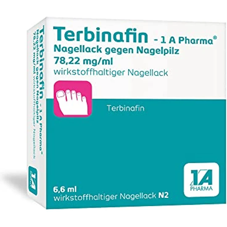 Terbinafin - 1 A Pharma®, Wirkstoffhaltiger Nagellack für leichte bis mittelschwere Formen von Nagelpilz mit Terbinafin 78,22 mg/ml (6,6 ml) – Bild 1