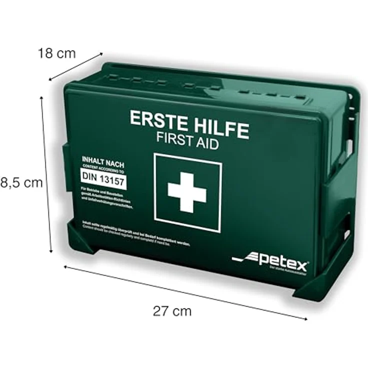Petex Erste-Hilfe-Koffer Petex 43924213 Erste Hilfe Koffer DIN 13157 270 x 85 x 180 Grün, Hochwertiger Kunststoffkoffer, Innenliegende Gummidichtung gegen Spritzwasser – Bild 3