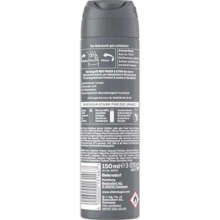 Hidrofugal MEN FRISCH & STARK Spray, Deospray mit starkem Antitranspirant Schutz und erfrischendem Duft ohne Ethylalkohol, 150 ml – Bild 5