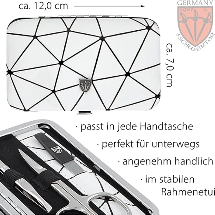 DREI SCHWERTER 6-tlg. 'Genova' Maniküreset in Kunstleder Spiderlook | enthält Nagelschere, Hautschere, Nagelknipser, Glasnagelfeile, Pinzette, Saphirnagelfeile – Bild 4