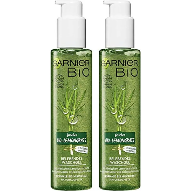 Garnier Bio Lemongrass Belebendes Waschgel, Naturkosmetik, Gesichtsreinigung mit Glycerin, ätherische Öle (2 x 150 ml)