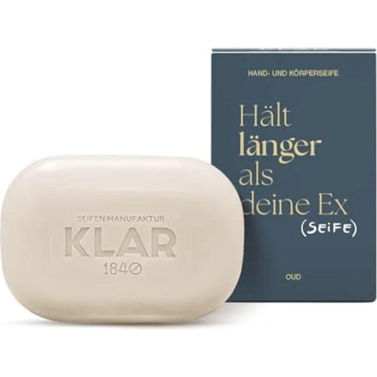 KLAR Spruchseife Oud, 135 g - Sanfte Handseife mit warm-rauchigem Duft und Peeling aus Haferflocken für alle Hauttypen