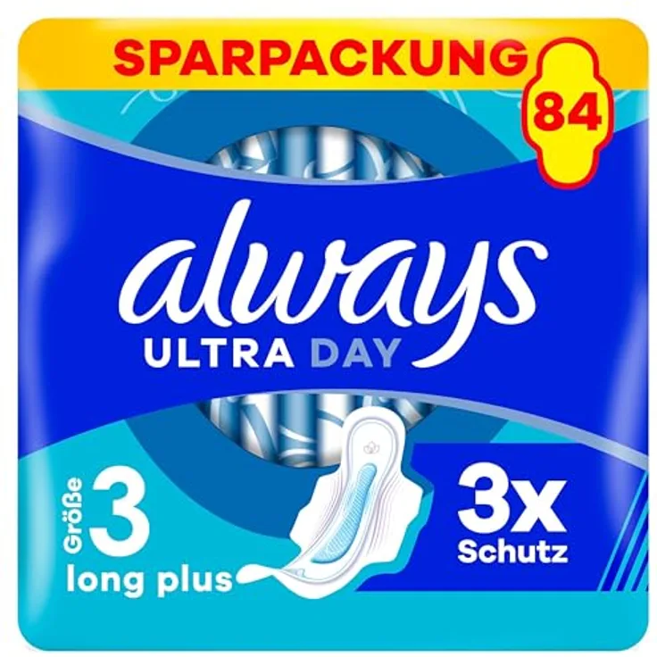 Always Ultra Damenbinden Long Plus (Größe 3), 84 Stück, super saugfähig, ultra dünn, mit Flügeln, LeakGuard- und OdourLock-Technologie