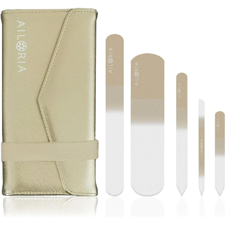 Ailoria Nagelpflegegerät Contour Luxe Gold, 5 hochwertige Glasfeilen im luxuriösen Etui mit Spiegel und Gummi-Verschluss
