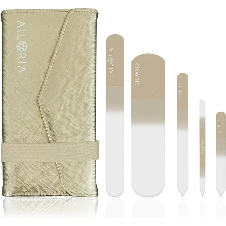Ailoria Nagelpflegegerät Contour Luxe Gold, 5 hochwertige Glasfeilen im luxuriösen Etui mit Spiegel und Gummi-Verschluss