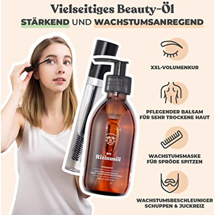 Bionoble Rizinusöl Bio 200ml - 100% Rein, Natürlich und Kaltgepresst - Wimpern, Augenbrauen, Haare, Bart, Nägel - Vegan und Cruelty Free - Castor Oil - Glasflasche + Pumpe + Mascara Kit – Bild 2