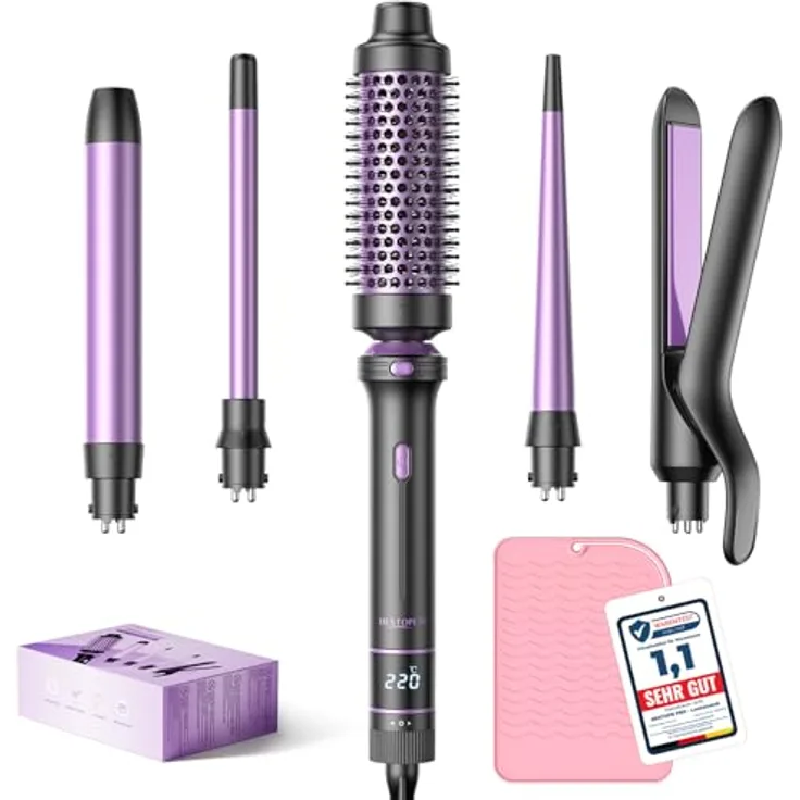 BESTOPE PRO 5-in-1 Lockenstab Set, inkl. Glätteisen, Thermobürste und 3 Keramische Lockeneisen (9mm-25mm), 13 Temperaturstufen, mit Hitzebeständiger Matte und Handschuh