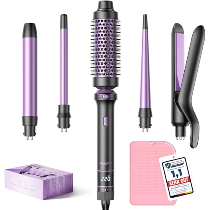 BESTOPE PRO 5-in-1 Lockenstab Set, inkl. Glätteisen, Thermobürste und 3 Keramische Lockeneisen (9mm-25mm), 13 Temperaturstufen, mit Hitzebeständiger Matte und Handschuh – Bild 1