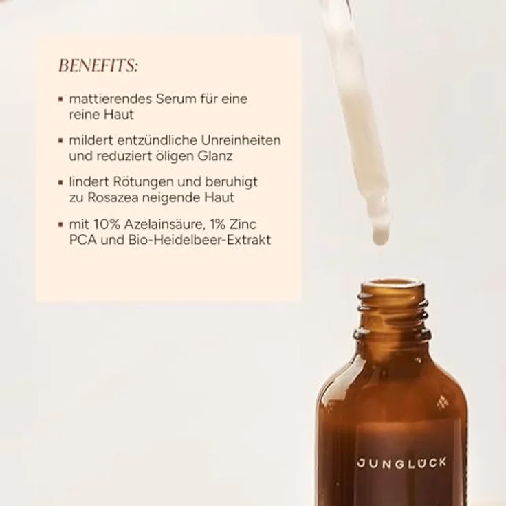 JUNGLÜCK Azelain Serum, Vegan Gesichtsserum mit 10% Azelaic Acid, beruhigend gegen Pickel & Rötungen, mattiert öligen Glanz, für empfindliche und unreine Haut – Bild 3