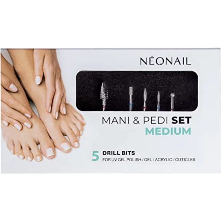 NÉONAIL Fräser Bits Set MEDIUM, 5-teiliges Set mit verschiedenen Körnungsgraden für Gelnägel - inklusive Hartmetall- und Diamantfräsern