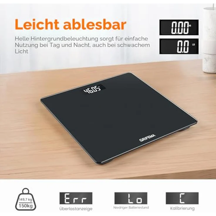 GRIFEMA GA2001-1 Personenwaage Digital, 150 kg Tragkraft, 26×26 cm, schwarzes gehärtetes Glas, LCD-Display, Auto-Off-Funktion – Bild 4