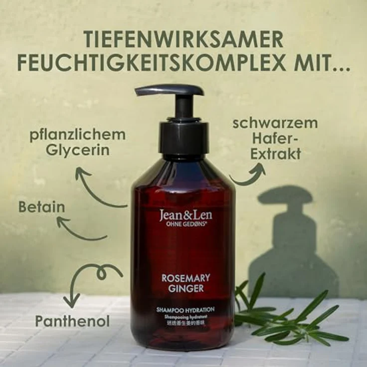 Jean & Len Feuchtigkeit Shampoo Rosemary & Ginger, für trockenes und sprödes Haar, 300 ml, ohne Parabene und Silikone, mit Feuchtigkeitskomplex und würzig-frischem Duft – Bild 3