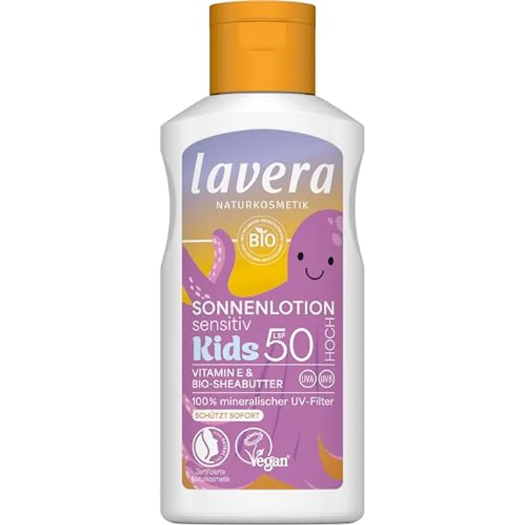 lavera Sonnenlotion Sensitiv KIDS LSF 50, Sonnencreme für sensible Haut, ohne chemische UV-Filter, wasserfest, vegan, Naturkosmetik, 100 ml