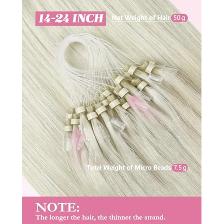 YoungSee Microring Extensions Platinblond, 55 cm Echthaar Microloop Haarverlängerung mit Kaltfusion, 50g Remy Microbead Extensions – Bild 3