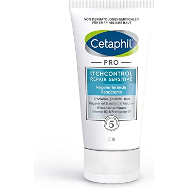 CETAPHIL PRO ItchControl Repair Sensitive Regenerierende Handcreme, 50ml, Für juckende, trockene und gereizte Hände, Unterstützt die Regeneration der Hautbarriere und glättet raue Hände, Mit mit Provitamin B5, Vitamin B3, Vitamin E, Wiesenschaumkrautöl und Glycerin, Von dermatologischen Experten entwickelt für empfindliche Haut – Bild 1
