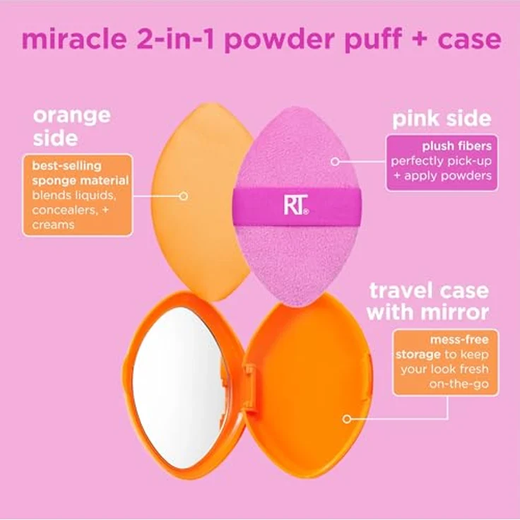 Real Techniques Miracle 2-in-1 Puderquaste+Reiseetui, doppelseitiger Puff zum Mischen von Make-up, Gummiband, Präzisions-Make-up-Schwamm und Puderquaste, für Flüssigkeiten,2 Stück – Bild 4
