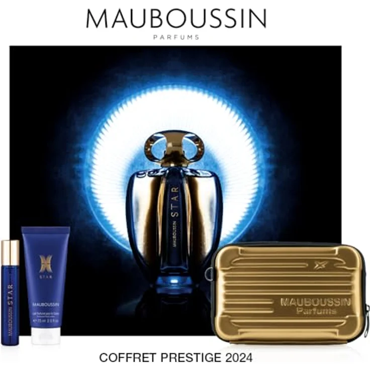 Mauboussin Prestige 2024 Star Set, Eau de Parfum 90 ml, Körpermilch 75 ml, Travel Spray 20 ml, elegante goldene Umhängetasche – Bild 5