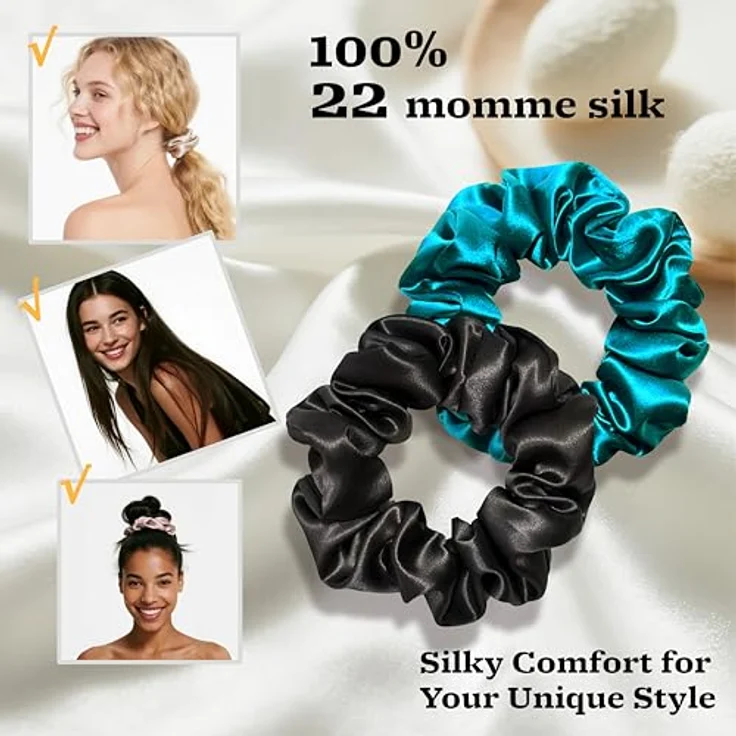 townssilk Seiden Scrunchie 2er-Set, 100% Maulbeerseide 6A/22 Momme, OEKO-TEX® zertifiziert, haarschonend, elastisch ohne Abdrücke, schwarz & Pfauenblau – Bild 2