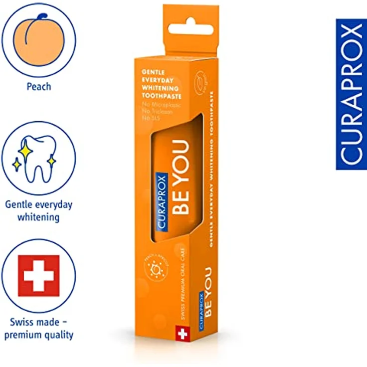 Curaprox Be You Pfirsich Whitening-Zahnpasta mit Geschmack von Pfirsich und Aprikose, mit Menthol, vegan, 950 ppm Fluorid, RDA 50, orange, 60 ml – Bild 3