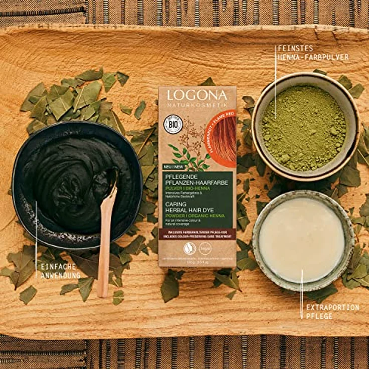 LOGONA Naturkosmetik Pflegende pflanzliche Haarfarbe, Veganes Haarfarbe-Pulver mit Bio-Henna für intensive Farbe und Glanz, Pflanzenhaarfarbe in Flammenrot (Rot), 1 x 100g – Bild 2